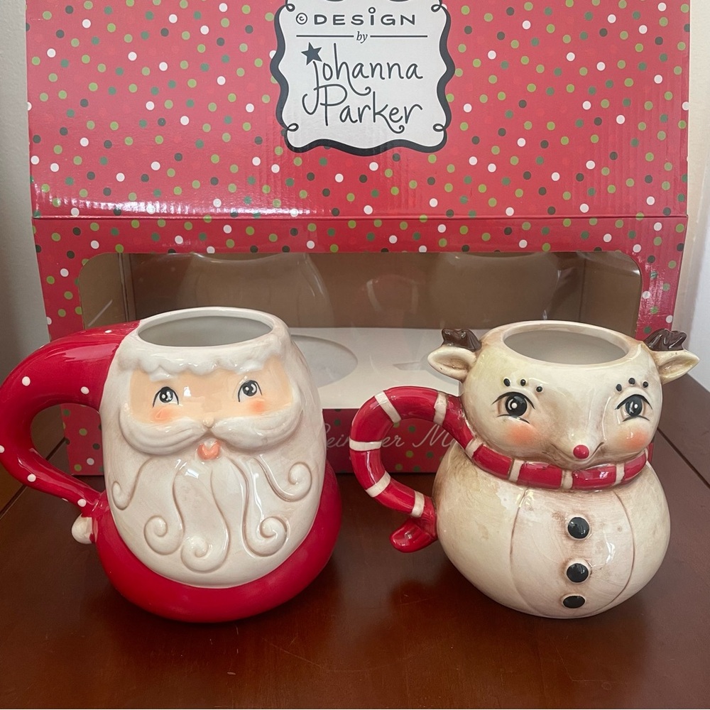 NIB JOHANNA PARKER SANTA CLAUS & REINDEER MUGS Cups Christmas Holiday Rudolph
